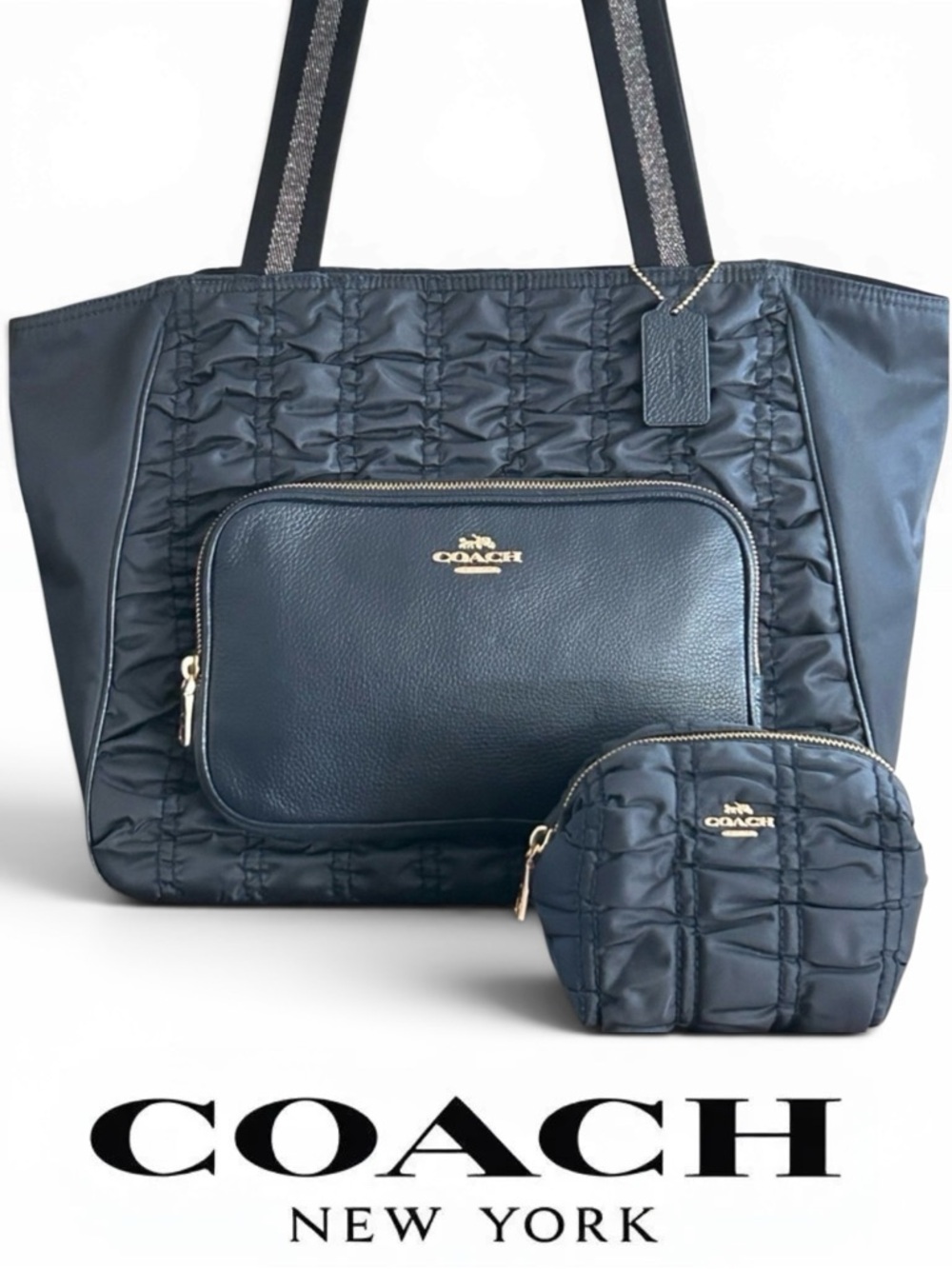 COACH 2 Piece Court Ruched Nylon w/Leather Trim Tote Bag & Boxy Pouch